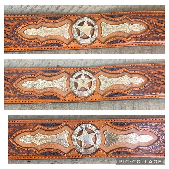 Vtg JUSTIN ODESSA STAR BROWN TOOLED LEATHER BELT Silver Buckle 1994 C10765 Sz 42 - Picture 7 of 17